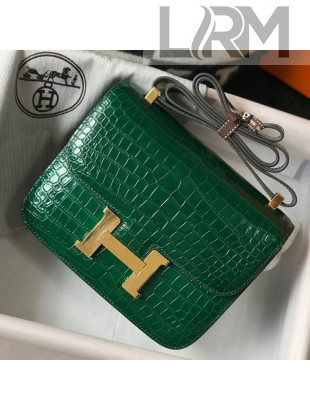 Hermes Constance 18/23cm in Crocodile Embossed Calf Leather Green/Gold 2021 (Half Handmade)