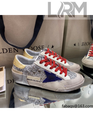 Golden Goose Super-Star Sneakers in Silver Glitter with Blue Suede Star 2021