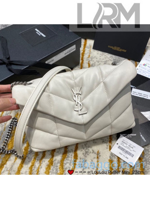 Saint Laurent Loulou Puffer Mini Bag in Quilted Lambskin 620333 White/Silver 2020