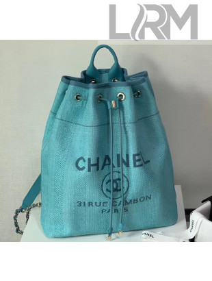 Chanel Mixed Fibers Striped Deauville Drawstring Backpack Bag Cyan 2020
