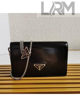 Prada Brushed Leather Shoulder Bag with Triangle logo Chain 1BD307 Black 2021