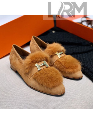 Hermes Suede Mink Fur H Flat Loafers Brown 2020