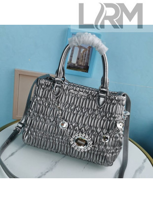 Miu Miu Crystal Cloque Matelasse Nappa Leather Top Handle Bag 5BA067 Silver 2021
