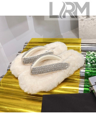 Alexander Wang Rabbit Fur and Crystal Thong Flat Sandals White 2021