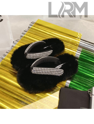 Alexander Wang Rabbit Fur and Crystal Thong Flat Sandals Black 2021