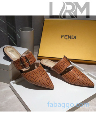 Fendi FF Leather Flat Mules with Buckle Band Brown 2020