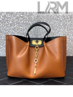 Valentino Large VCASE Grainy Calfskin Shopping Tote Bag Brown 2021