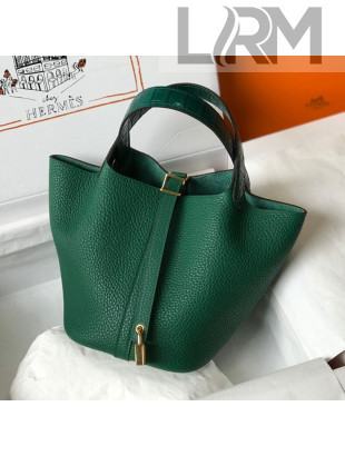 Hermes Touch Picotin Bag 18cm with Crocodile Embossed Leather Top Handle Green/Gold 2020