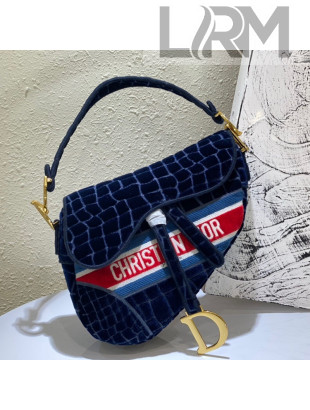 Dior Medium Saddle Bag in Blue Crocodile-Effect Embroidered Velvet 2021