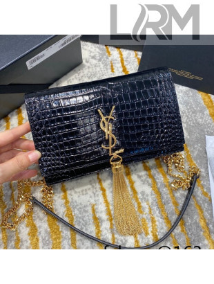 Saint Laurent Kate Chain Wallet with Tassel in Shiny Crocodile Embossed Leather 452159 Black/Gold