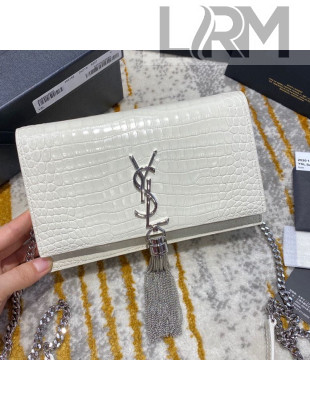 Saint Laurent Kate Chain Wallet with Tassel in Shiny Crocodile Embossed Leather 452159 White/Silver 2021