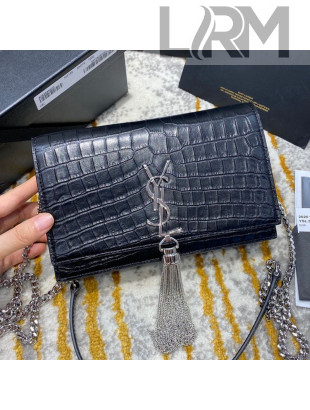 Saint Laurent Kate Chain Wallet with Tassel in Crocodile Embossed Leather 452159 Black/Silver 2021
