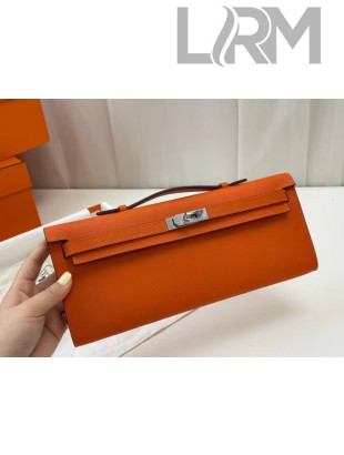 Hermes Epsom Leather Kelly Cut Clutch Bag Orange 2021(Pure Handmade)