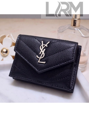 Saint Laurent Monogram Tiny Wallet in Grained Leather 505118 Black/Silver 2021