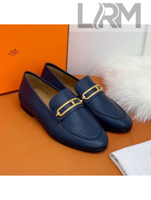 Hermes Colette Calfskin Loafers with Roulis Buckle Navy Blue 2021