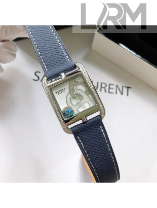 Hermes Cape Cod Grained Leather Crystal Square Watch 29cm Navy Blue 2021