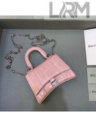 Balenciaga Hourglass Mini Nano Bag with Chain in Shiny Crocodile Calfskin Light Pink 2022 664676