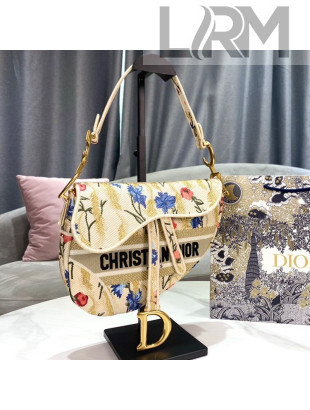 Dior Medium Saddle Bag in Beige Multicolor Dior Hibiscus Embroidery 2021