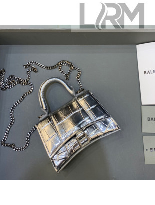 Balenciaga Hourglass Mini Nano Bag with Chain in Shiny Crocodile Calfskin All Silver 2022 664676