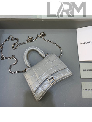 Balenciaga Hourglass Mini Nano Bag with Chain in Shiny Crocodile Calfskin Light Grey/Silver 2022 664676