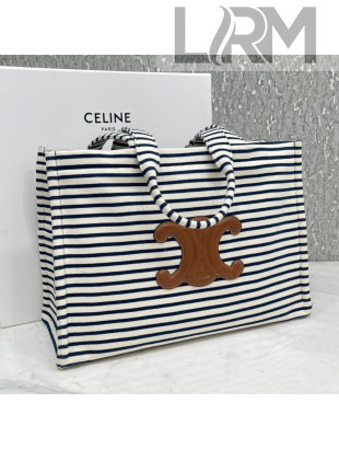 Celine Large Cabas Thais Tote Bag in Striped Textile Navy Blue/White 2021