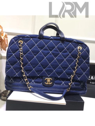Chanel Quilted Denim Boarding Package Luggage Top Handle Bag Blue 2019