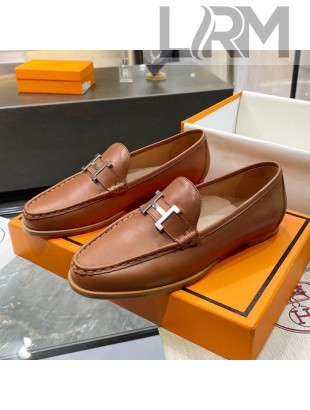 Hermes Paris Calfskin Flat loafers with H Buckle Brown 2020