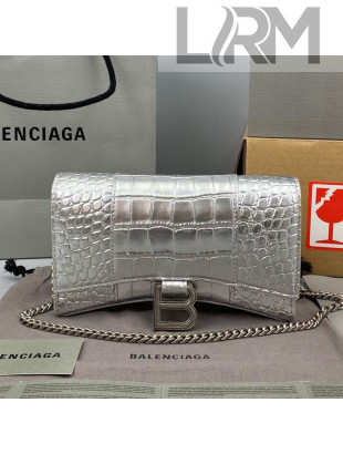 Balenciaga Hourglass Chain Wallet in Shiny Crocodile Leather Silver 2021