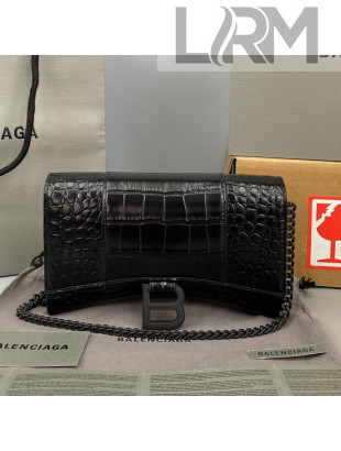 Balenciaga Hourglass Chain Wallet in Shiny Crocodile Leather All Black 2021