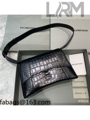 Balenciaga Hourglass Sling Back Large Bag in Shiny Crocodile Embossed Leather All Black 2021