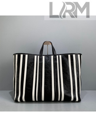 Balenciaga Barbes Large East-West Shopper Bag in Black and White Striped Lambskin 2021