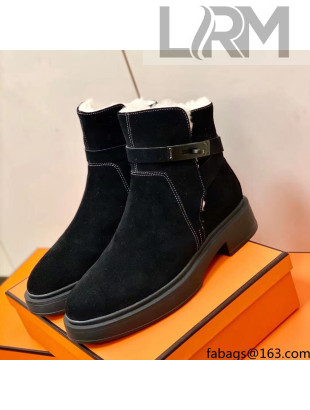 Hermes Suede Kelly Ankle Boot With Wool Black 2021 Top Quality (Pure Handmade)