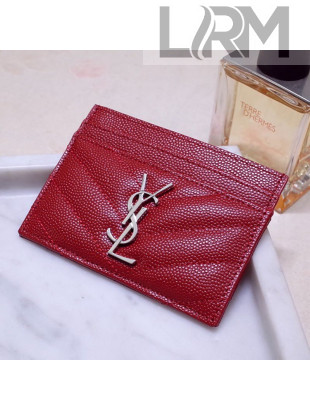 Saint Laurent Grained Leather Card Holder 423291 Red/Silver 2021
