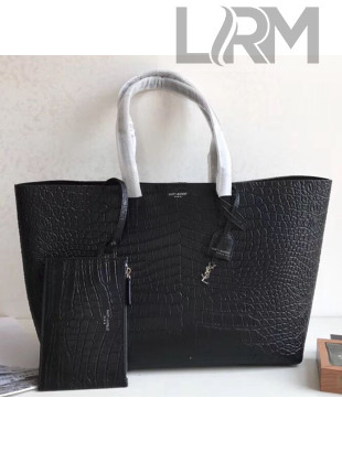 Saint Laurent Crocodile Embossed Leather Shopping Tote Bag 410667 Black 2019