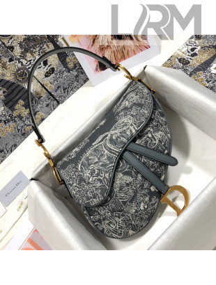 Dior Medium Saddle Bag in Grey Toile de Jouy Reverse Jacquard Embroidery M0446 