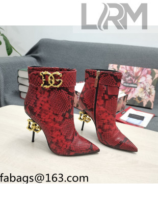 Dolce & Gabbana DG Snakeskin Print Leather Ankle Short Boots 10.5cm Red 2021 