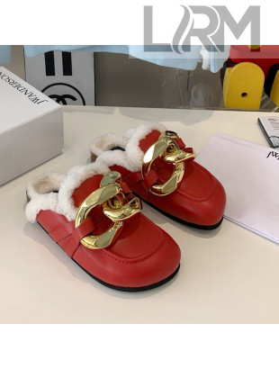 JW Anderson Calfskin Fur Chain Mules Red 2021