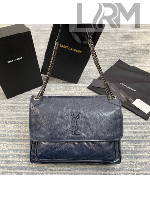 Saint Laurent Niki Large Chain Bag in Crinkled Leather 498830 Navy Blue 2021