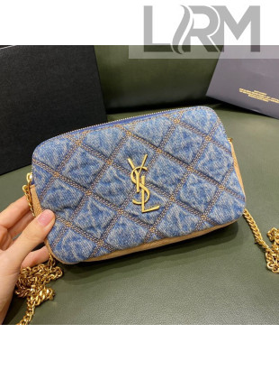 Saint Laurent Becky Double Zip Chain Pouch in Quilted Washed Denim 608941 Blue 2021