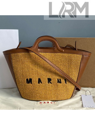 Marni Large Tropicalia Basket Bag in Leather and Raffia 4341 Gold 2021