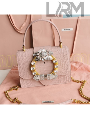 Miu Miu Miv Lady Top Handle Bag in Crocodile Embossed Calfskin 5BA196 Pink 2021