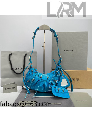 Balenciaga Le Cagole XS Shoulder Bag in Crocodile Embossed Calfskin Blue/Aged Silver 2021