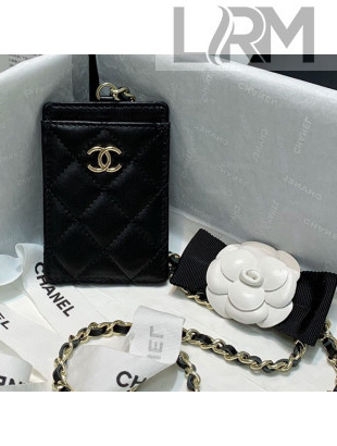 Chanel Lambskin Card Holder with Camellia Chain AP2159 Black 2021