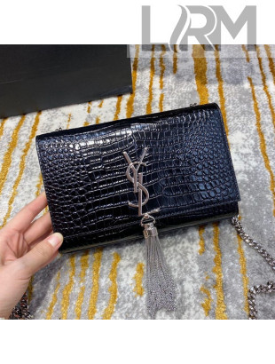 Saint Laurent Kate Small Chain and Tassel Bag in Crocodile Embossed Leather 474366 Black/Silver 2020