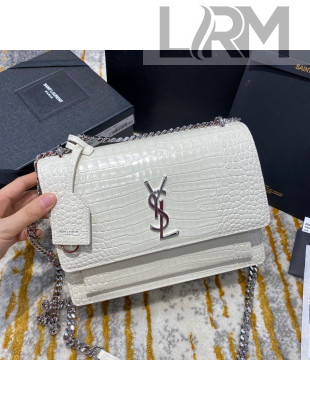 Saint Laurent Sunset Medium Bag in Crocodile Embossed Shiny Leather 442906 White/Silver 2020