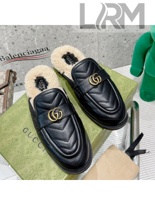 Gucci Leather Shearling Slippers with Double G Black 2021 111630