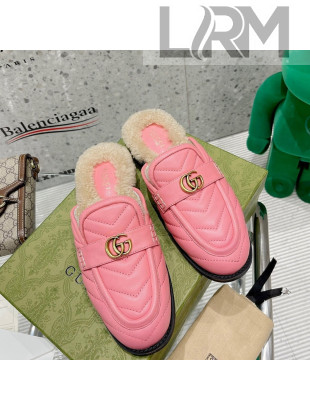 Gucci Leather Shearling Slippers with Double G Pink 2021 111632