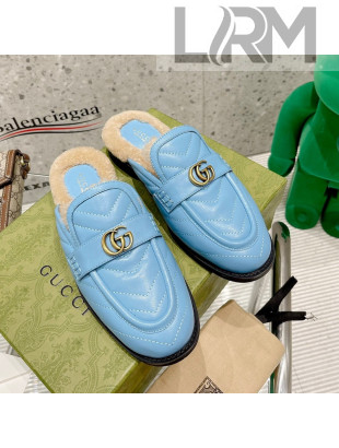 Gucci Leather Shearling Slippers with Double G Blue 2021 111633