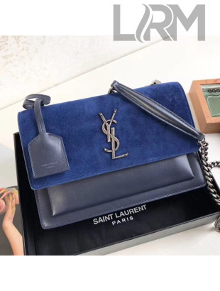 Saint Laurent Sunset Medium Shoulder Bag in Suede & Smooth Leather Blue 442906 2019