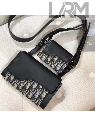 Dior Wallet and Card Case Shoulder Bag in Blue Oblique Canvas and Black Leather 2020